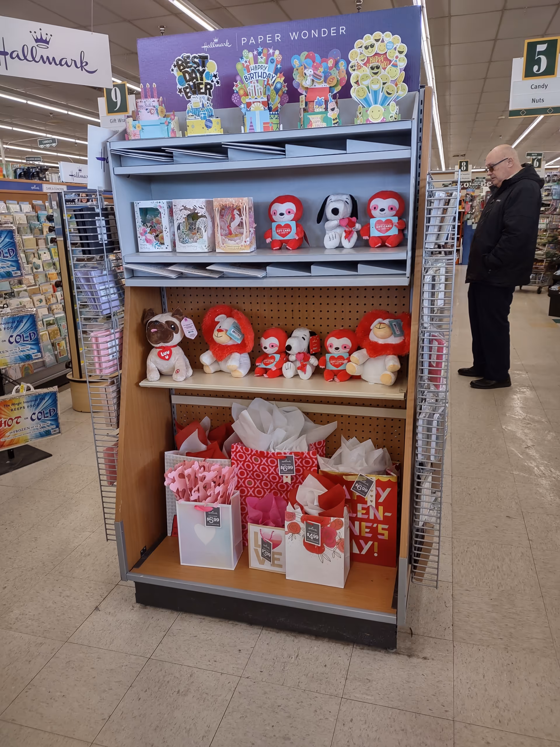 Discount Drug Mart interior featuring a shelf with plush toys and gift bags, a man nearby.