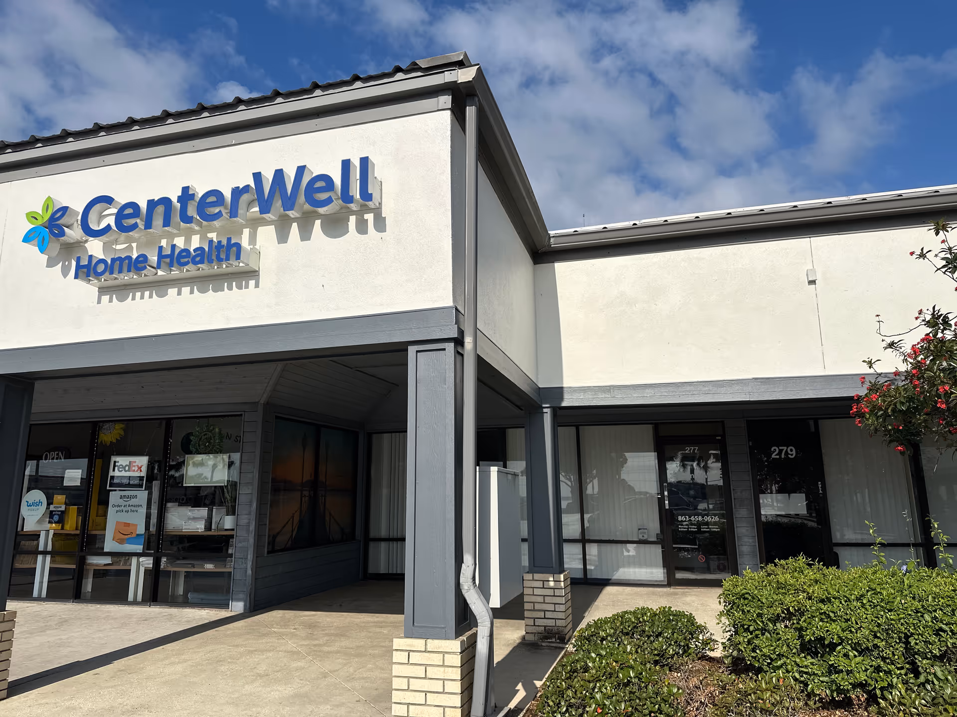 Front exterior of CenterWell Home Health building with signage and entrance.
