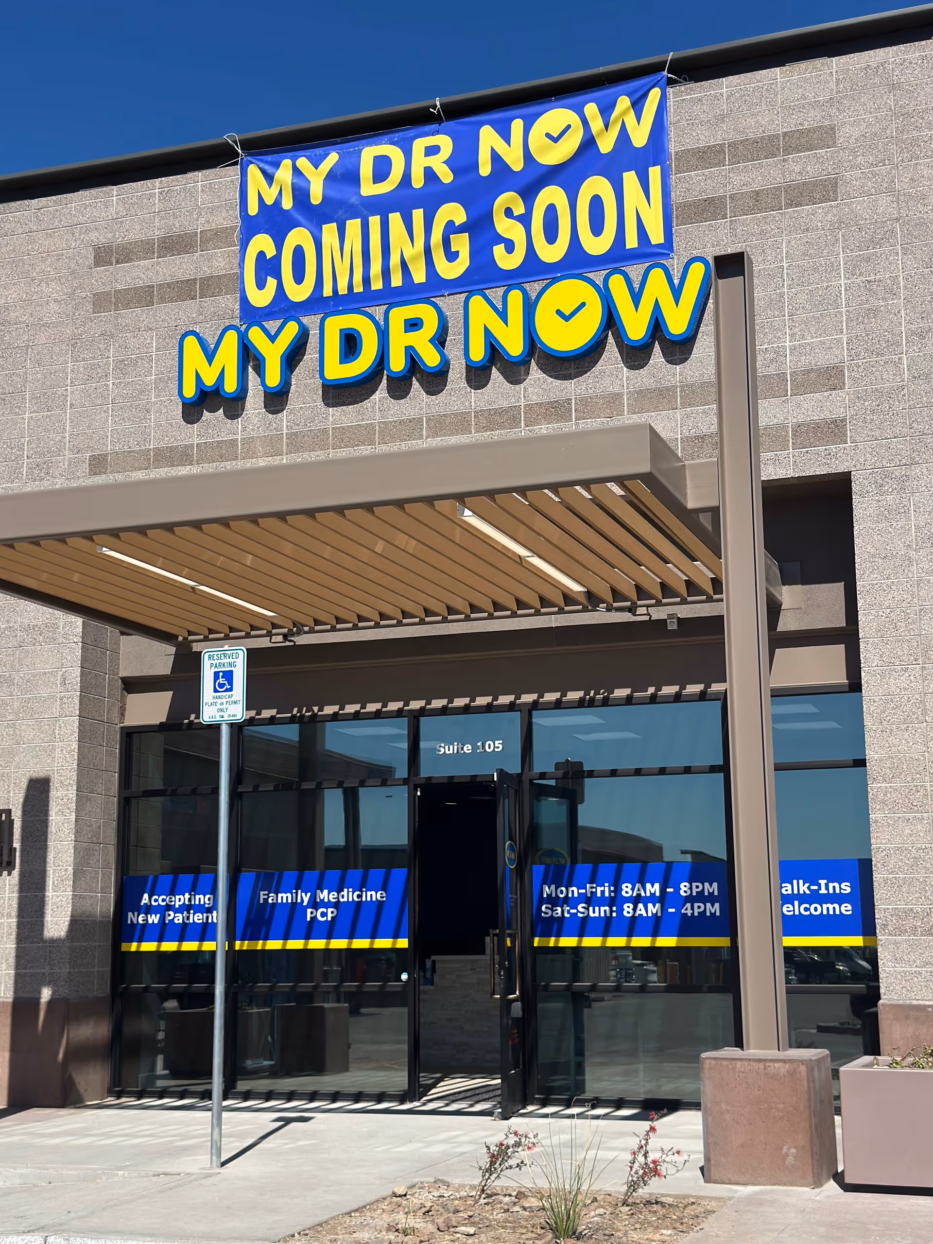 Exterior of MY DR NOW building with a large Coming Soon sign above the entrance.