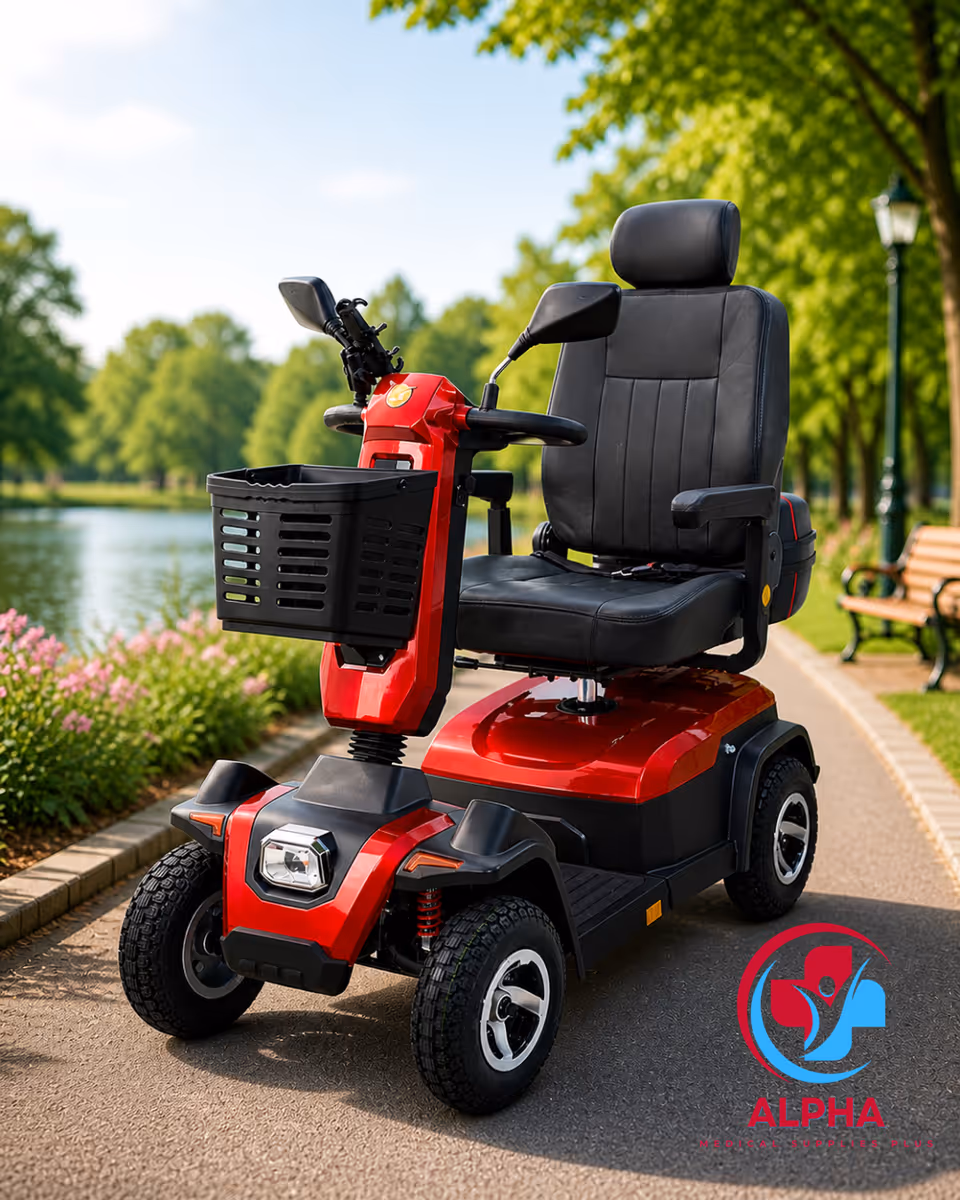 Red mobility scooter on a park path with trees, bench, and water in background.