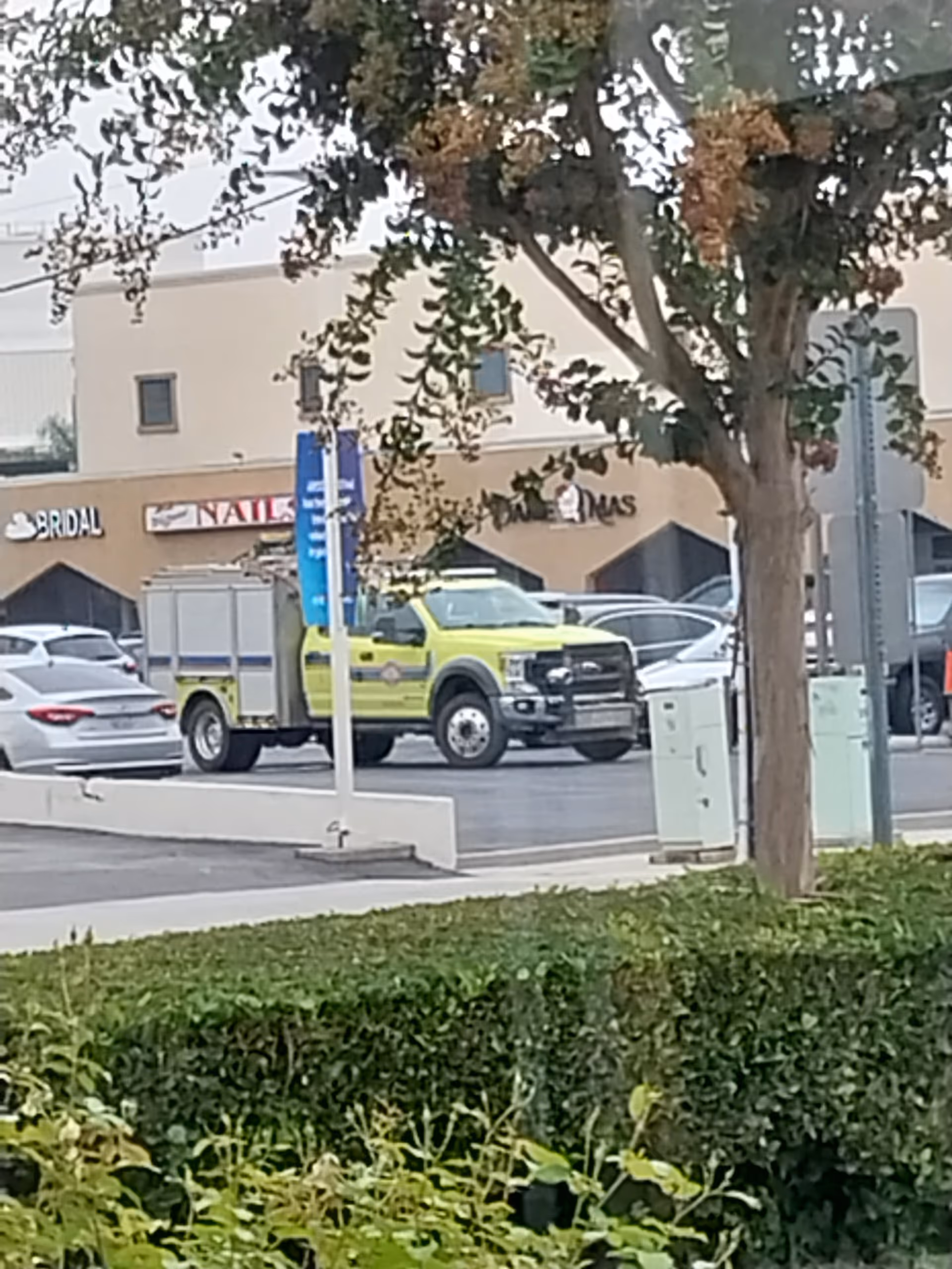Bright yellow fire truck parked outside a shopping center with storefronts and trees.