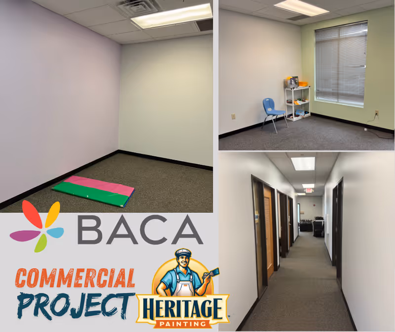 Collage of interior spaces: empty room, small play corner, and hallway in a facility