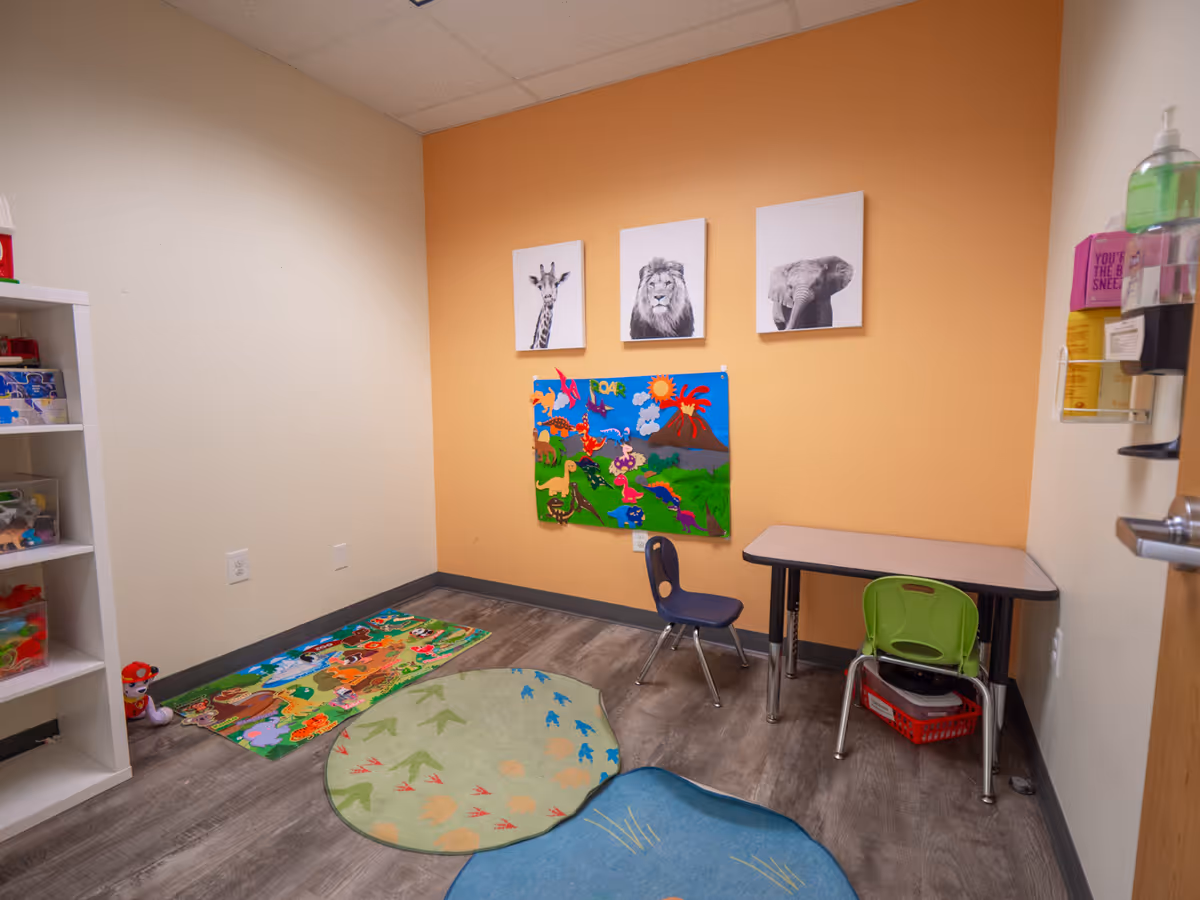 Small play area with toy shelves, colorful rugs, and animal-themed wall art.
