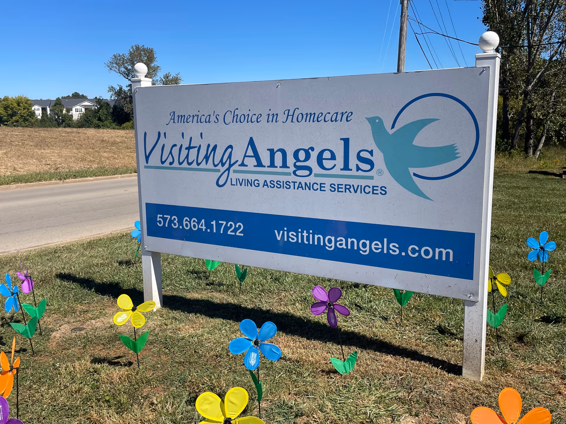 Outdoor Visiting Angels sign on a grassy lot with colorful pinwheels.