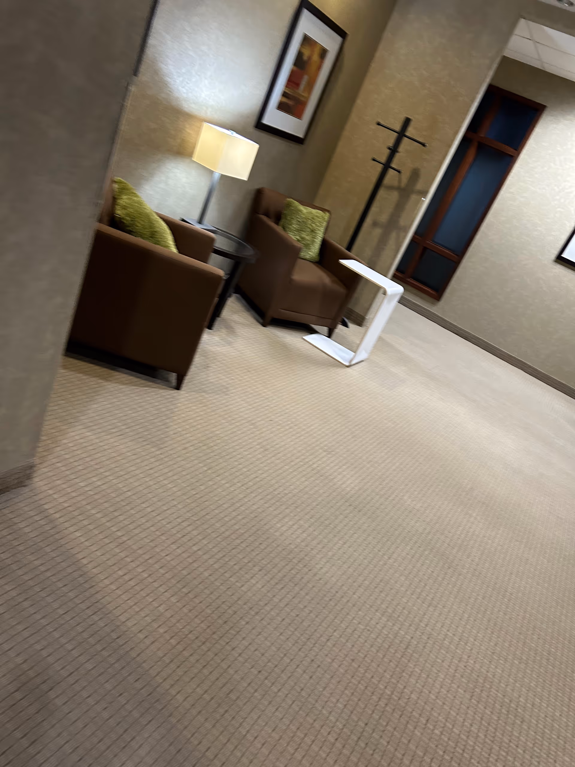 A senior living facility lounge with two brown chairs, a lamp, and wall art.