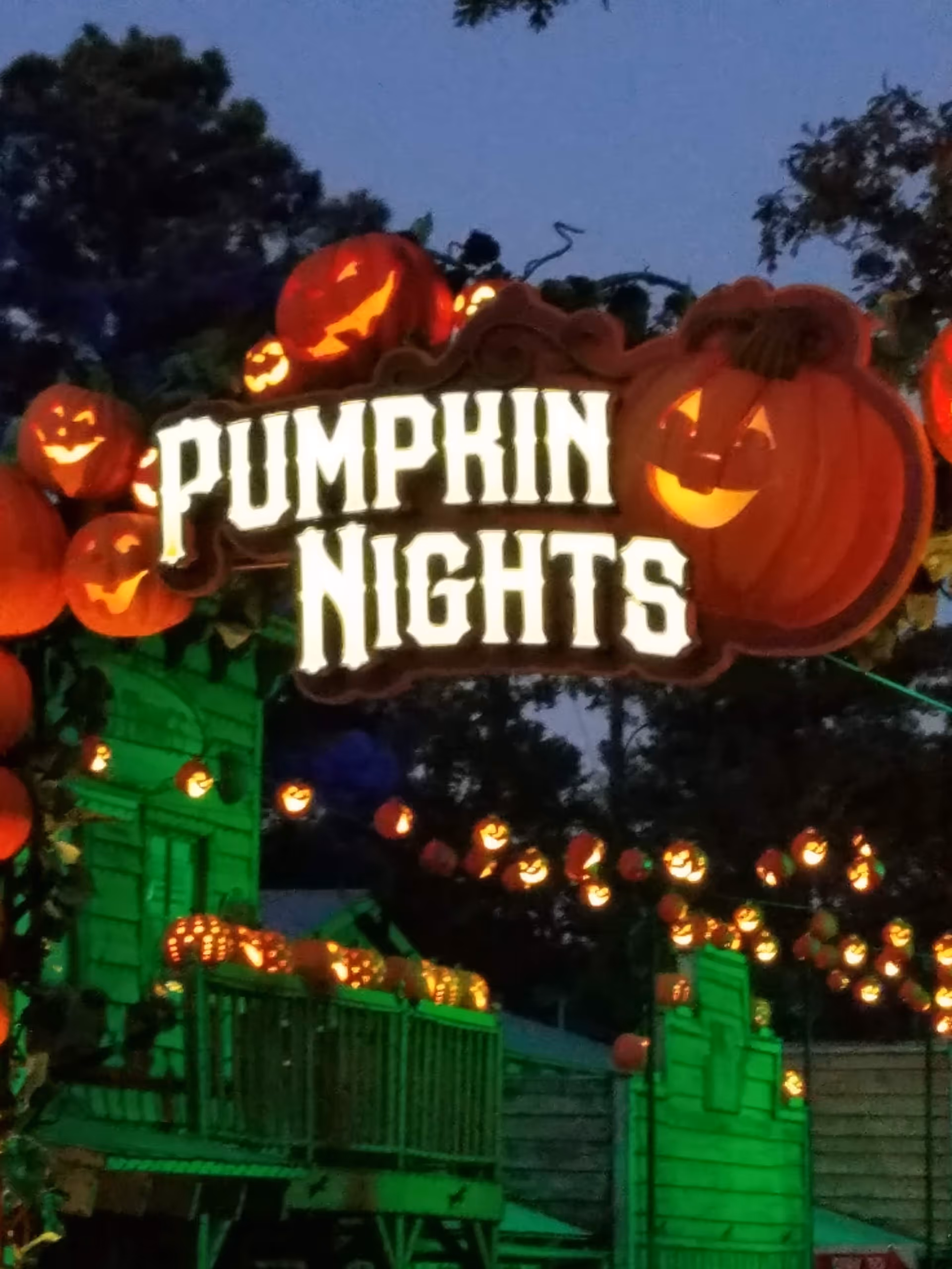 Outdoor Halloween display featuring illuminated pumpkins and a Pumpkin Nights sign.