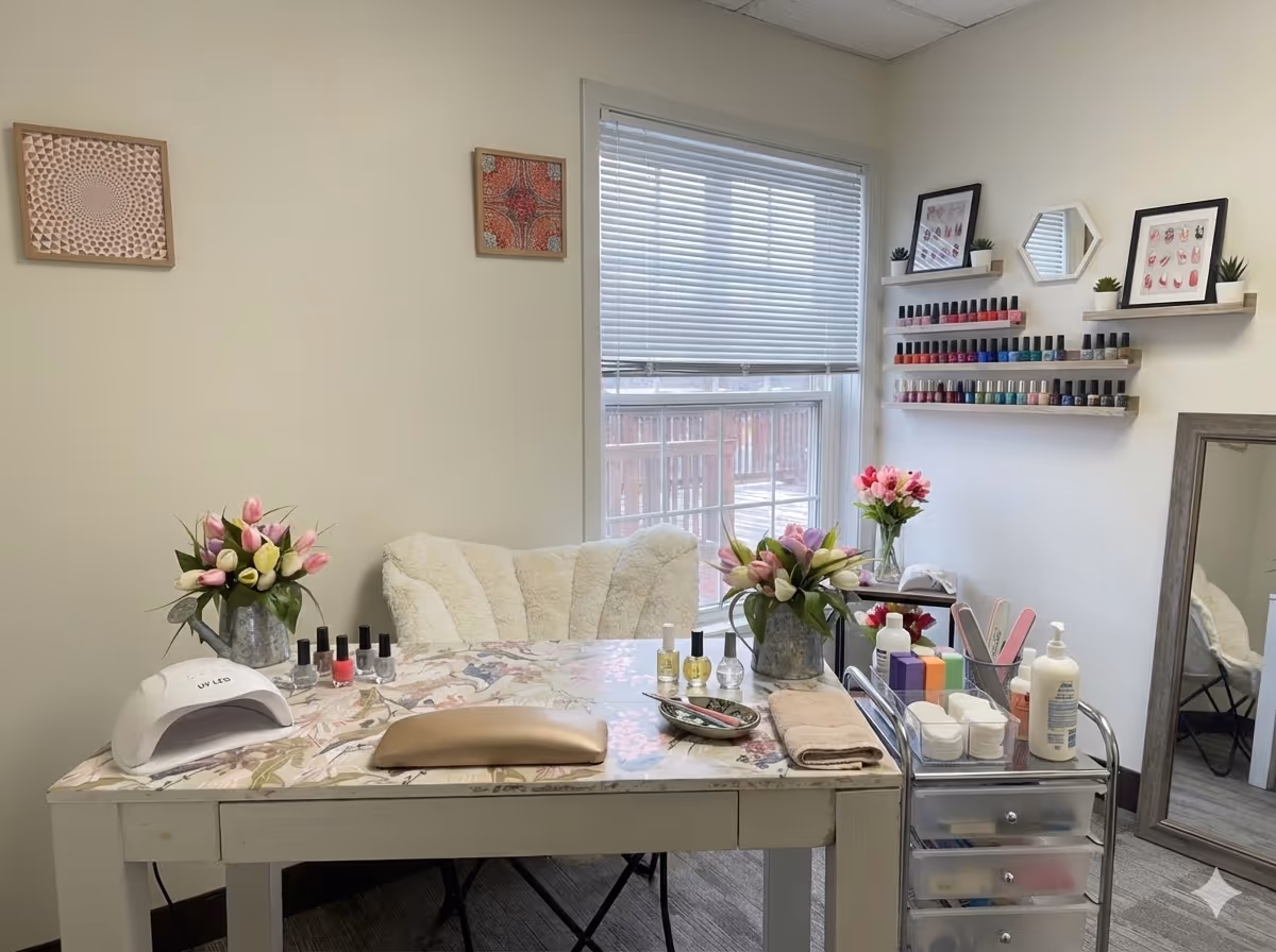 Bright manicure station inside a cozy room with nail polish shelves and flowers.