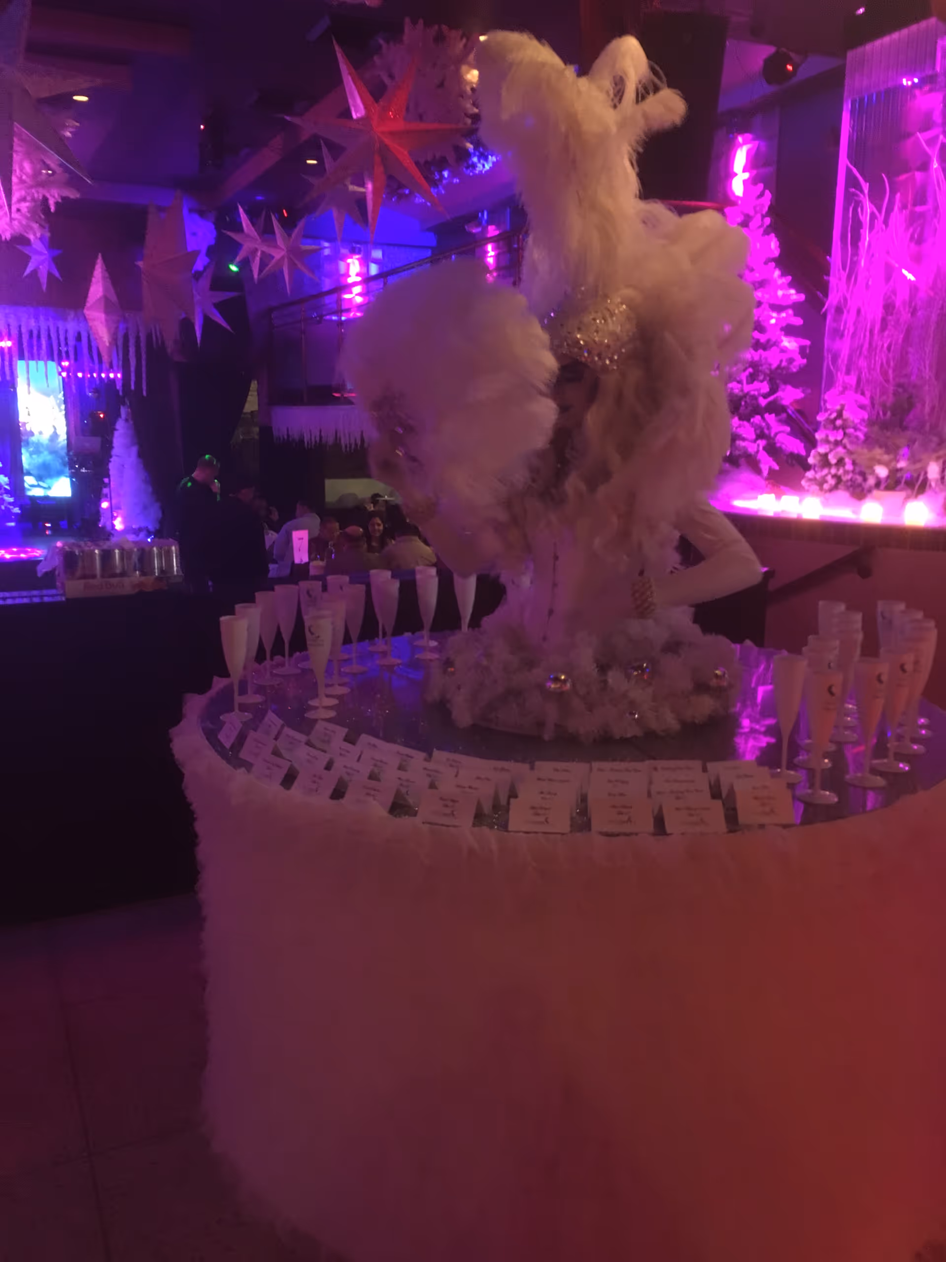 Indoor festive event with purple lighting, stars, and a feathered performer around a decorated table.