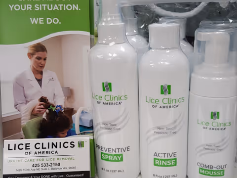 Interior display of Lice Clinics of America products and promotional materials