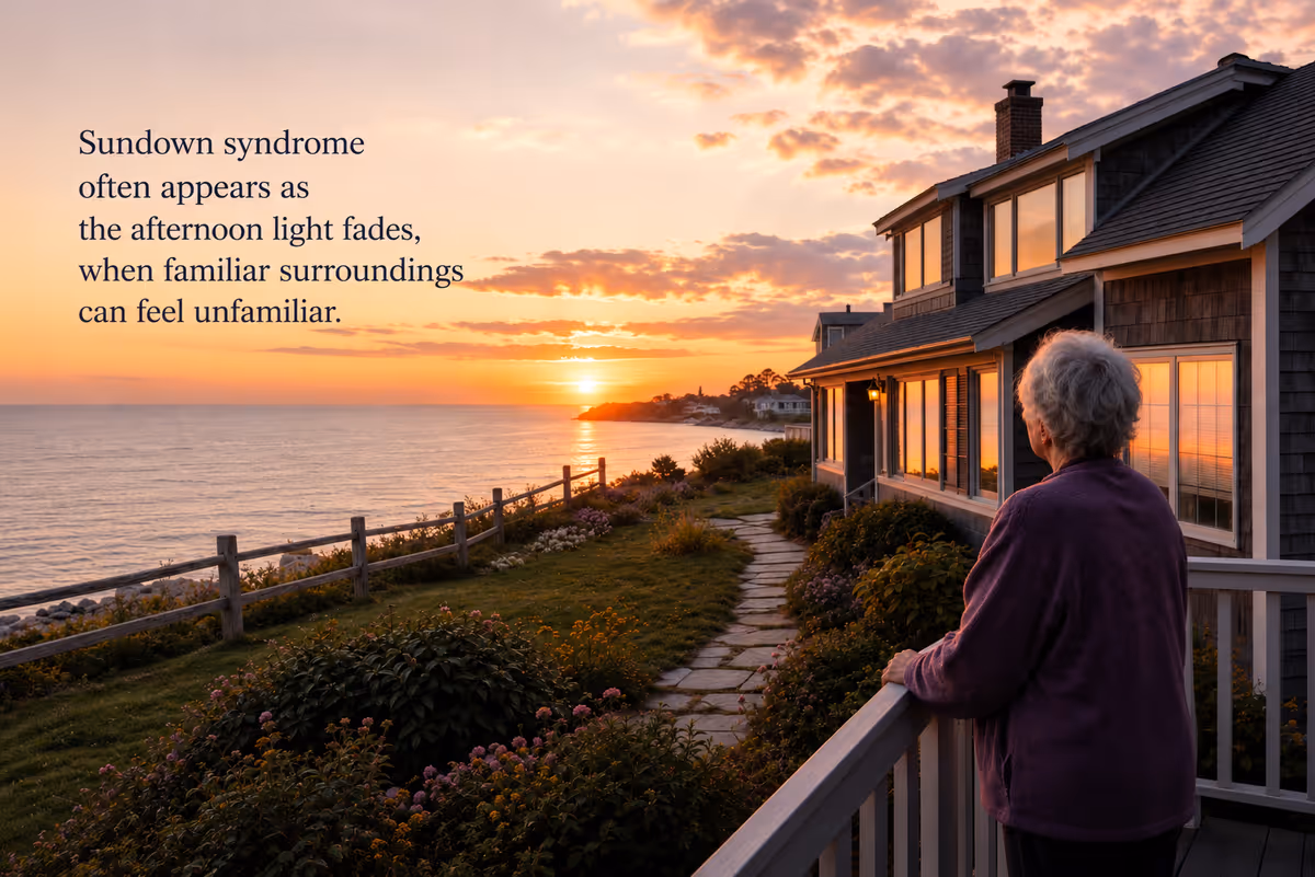 An elderly person stands on a balcony, overlooking a sunset-lit coastal garden and house.