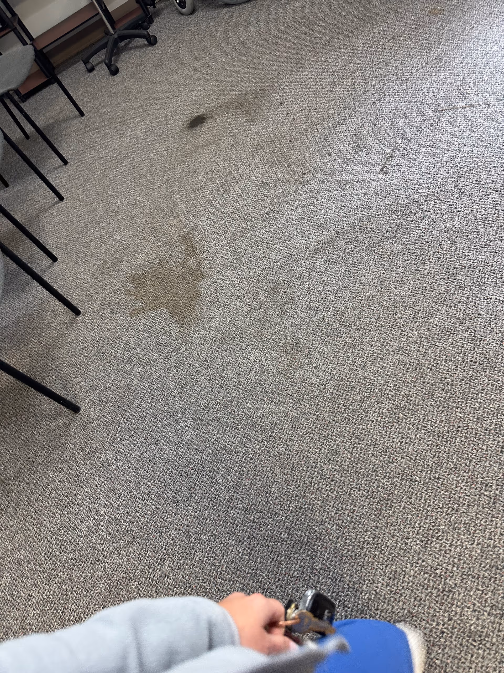 Indoor carpeted room with stains on the floor and a hand holding keys.