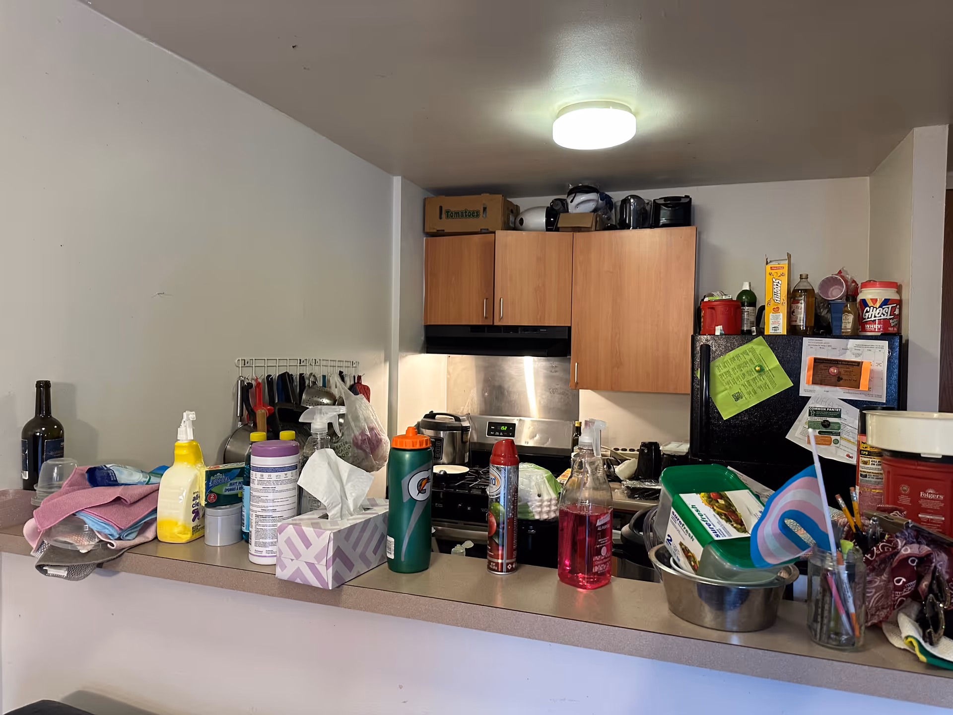 Cluttered kitchen area with wooden cabinets, fridge, stove, and cleaning supplies on the counter.