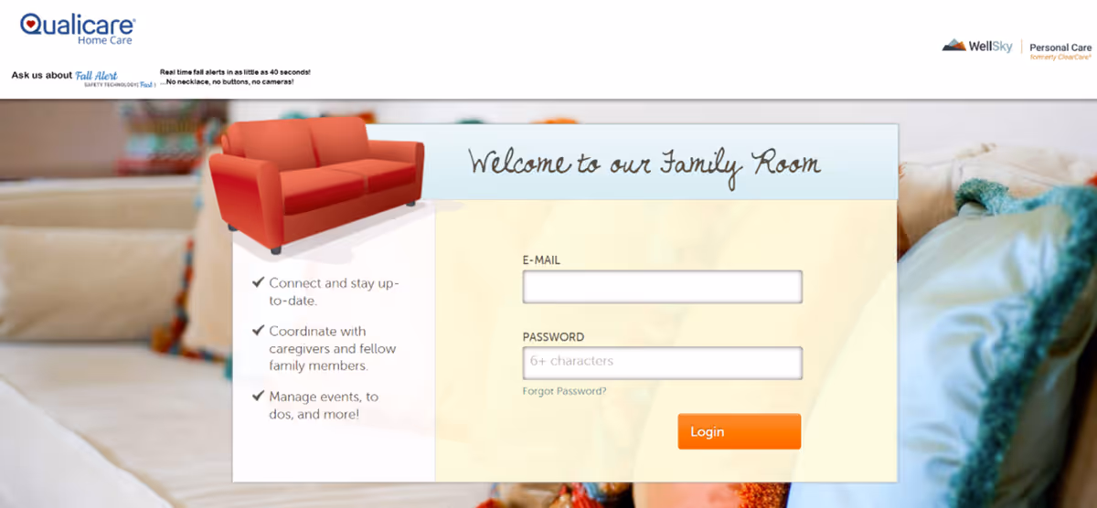 Living room scene with red sofa and login panel titled 'Welcome to our Family Room'.